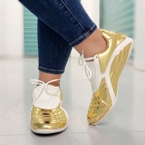 Gold Low Top Sneakers Round Closed Toe Comfortable Casual Shoes